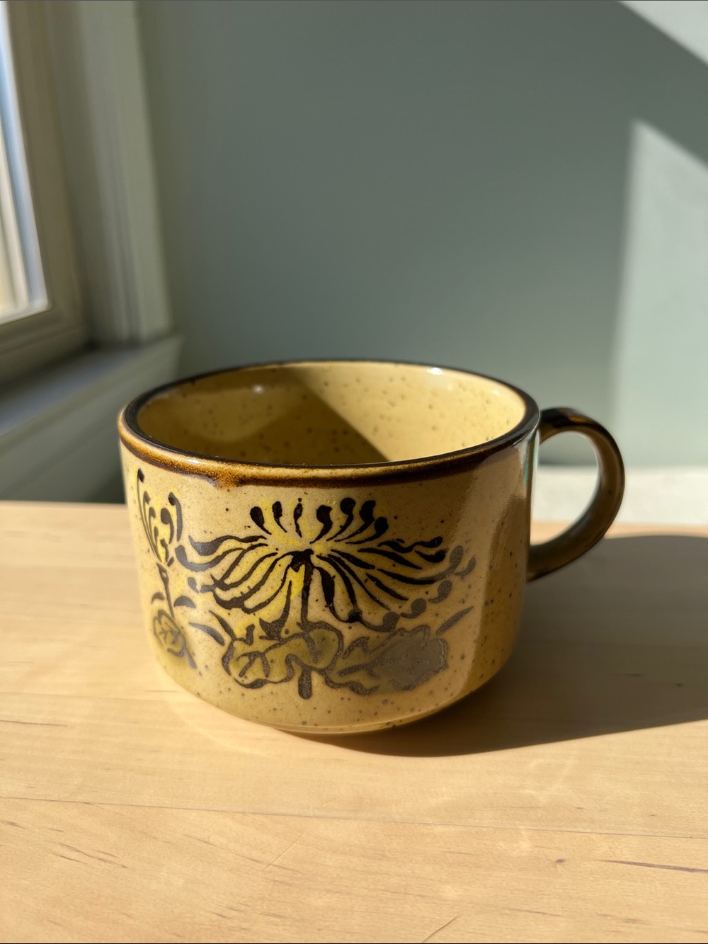 Rustic Vintage Pottery Yellow Floral Large Mug